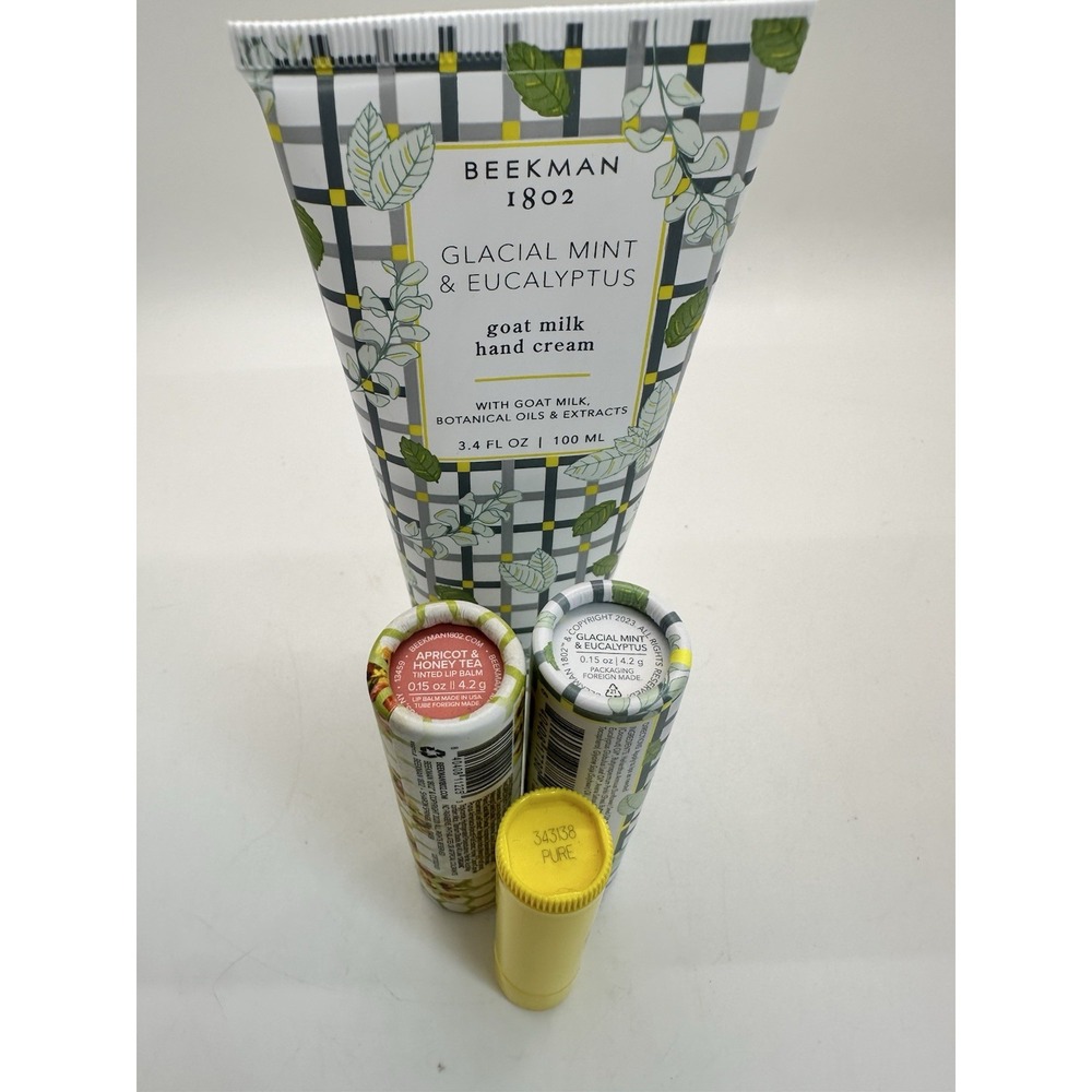 Beekman 1802 Lot Of 3 Chapsticks, Hand Cream, Bloom Bath Sponge NEW! Goat Milk